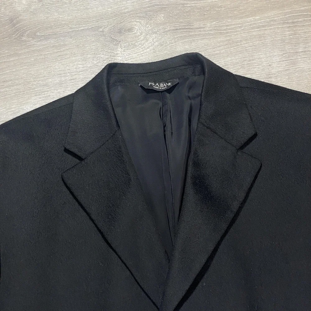 Jos A Bank Cashmere Topcoat Men 44L Black‎ 3 Button Tailored Traveler's Overcoat